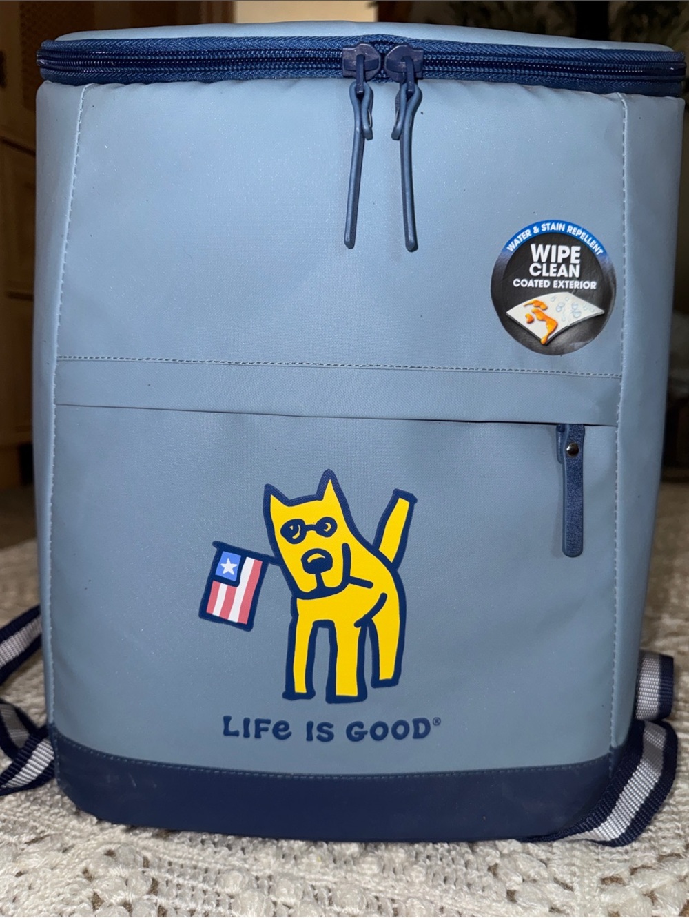 Life Is Good Blue‎ Backpack with Yellow Dog and Flag Graphic